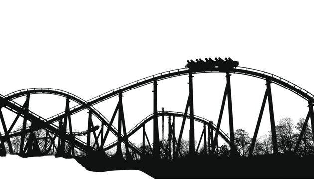 Rollercoaster silhouette showcases the dramatic curves and steep drops of a large amusement park ride, captured against a bright white background to emphasize the thrill of high speed recreation.