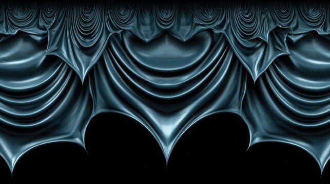Intricate, draping folds of teal metallic material form a mesmerizing, repeating border pattern against deep black.
