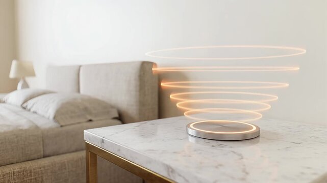 Pulsing amber electromagnetic waves rising from a wireless charger