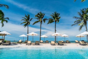 Naklejka premium beach chair around swimming pool in hotel resort with sea beach background - holiday and vacation concept, nature wallpaper 