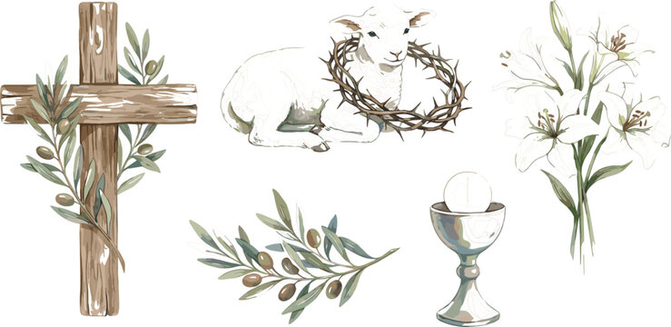 Christian Easter watercolor vector element set featuring wooden cross sacrificial lamb with thorns chalice host olive branch and white lily flowers