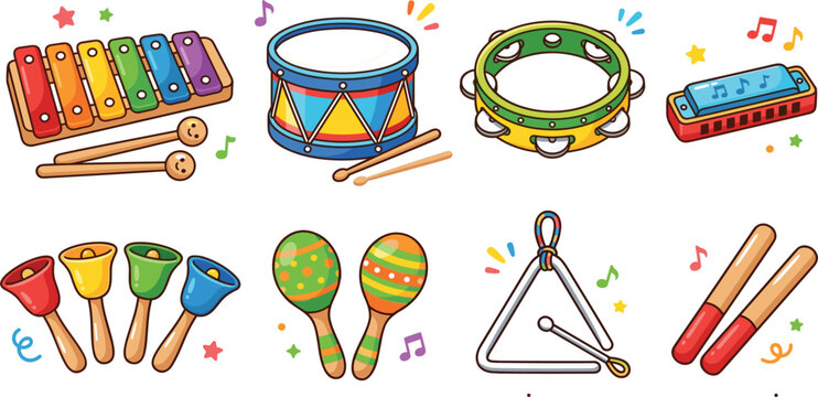 Cute cartoon toy musical instruments vector set featuring xylophone drum tambourine harmonica bells maracas triangle and claves for children education illustration