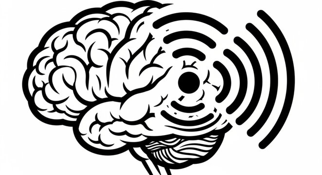 Illustration of a human brain with radiating waves symbolizing thought or communication.