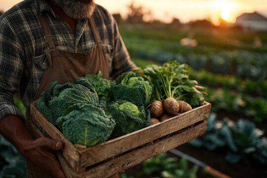 farmer holding crate of fresh vegetables at sunset