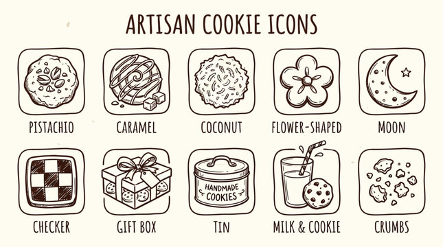 Collection of Hand-Drawn Artisan Cookie Icons Featuring Various Flavors and Shapes.