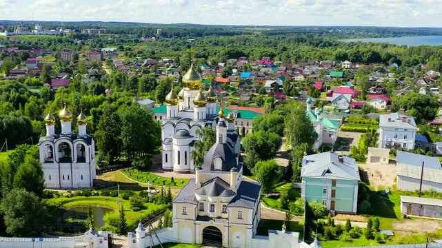 Pereslavl-Zalessky, Russia. St. Nicholas Pereslavsky Monastery. Cloudy weather, summer. Drone footage