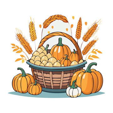 Harvest basket filled with pumpkins and gourds, autumn wheat