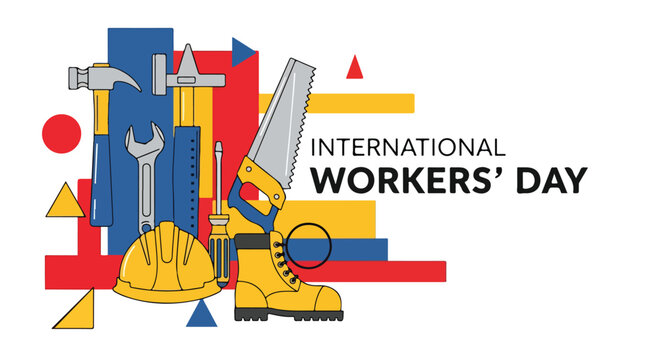 A colorful graphic celebrating International Workers' Day with tools