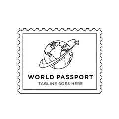 Obraz premium Travel-inspired logo featuring a world map and a plane within a stamp frame, perfect for travel agencies, flight booking, or logistics.