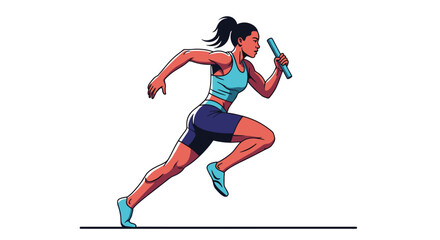 Obraz premium Professional female runner sprinting with a relay baton in her hand during a competitive athletic event on a white background.