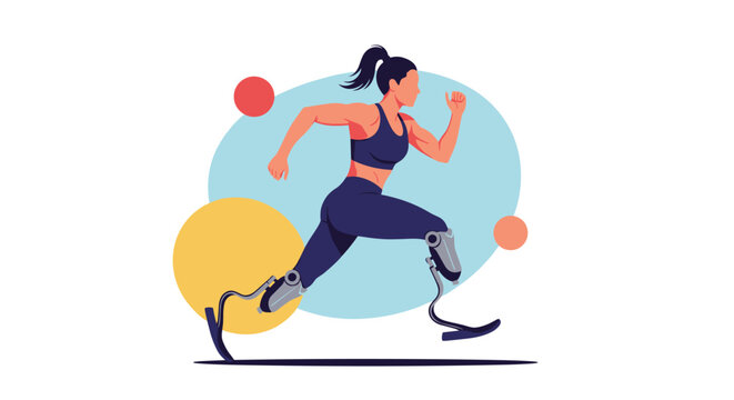 Strong female para athlete with double prosthetic legs running with determination against a background of colorful abstract shapes.