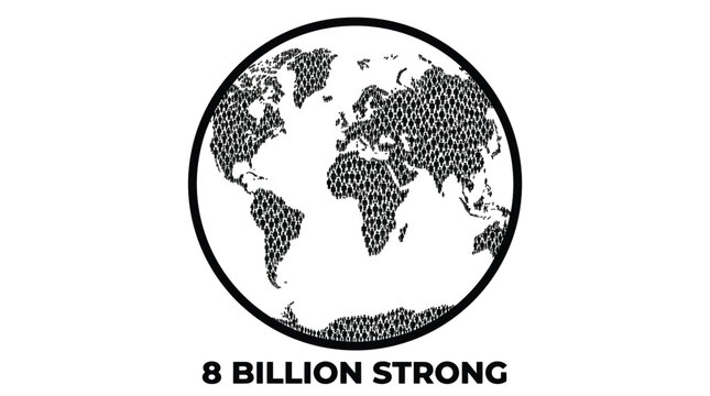 Globe pattern shows thousands of tiny black human stick figures arranged to create the map of the world representing global population.