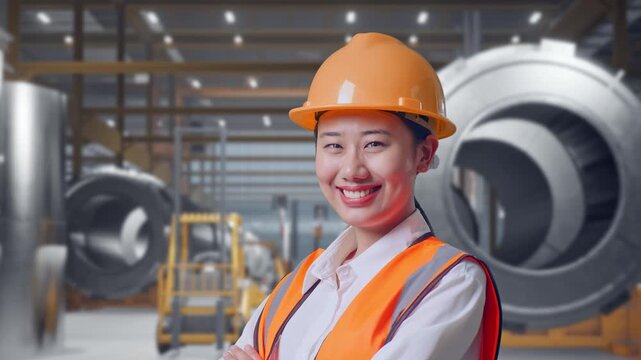 Close Up Side View Of Asian Female Engineer With Safety Helmet Crossing Her Arms And Smiling To Camera While Standing at Heavy Factory with Large Turbine Components