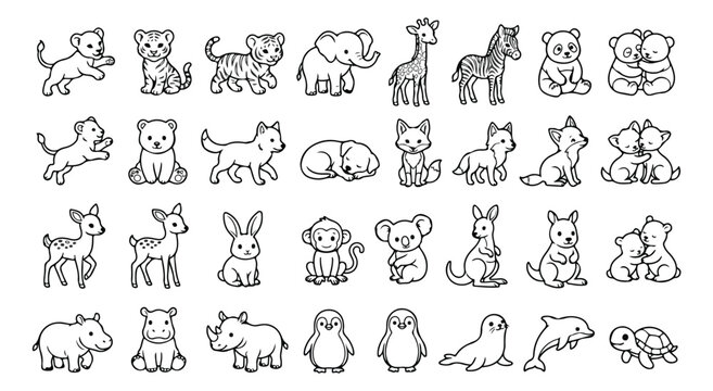 Cute baby animal icons set, 32 hand drawn wild animal line art illustrations, black and white doodle zoo animals for coloring book and nursery decor
