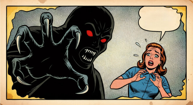 Scary monster attacking a shocked woman. Horror comic book art style for nightmare and fear concept. Pop art illustration.