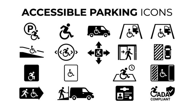 Collection of universal symbols representing accessible parking and disability access for public spaces.