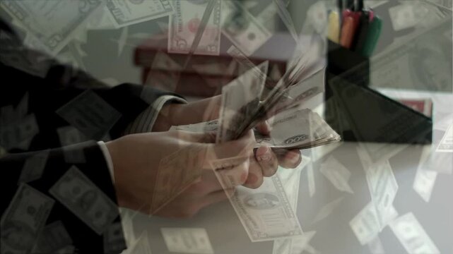 Businessman counting a stack of Russian Ruble banknotes with a conceptual overlay of falling US dollar bills. Currency exchange, inflation, and global finance.