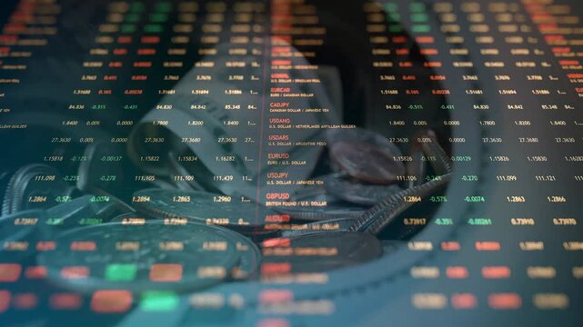 Close-up of coins and a rolled US dollar bill under an overlay of glowing orange digital stock market tickers, currency exchange rates, and financial statistics.