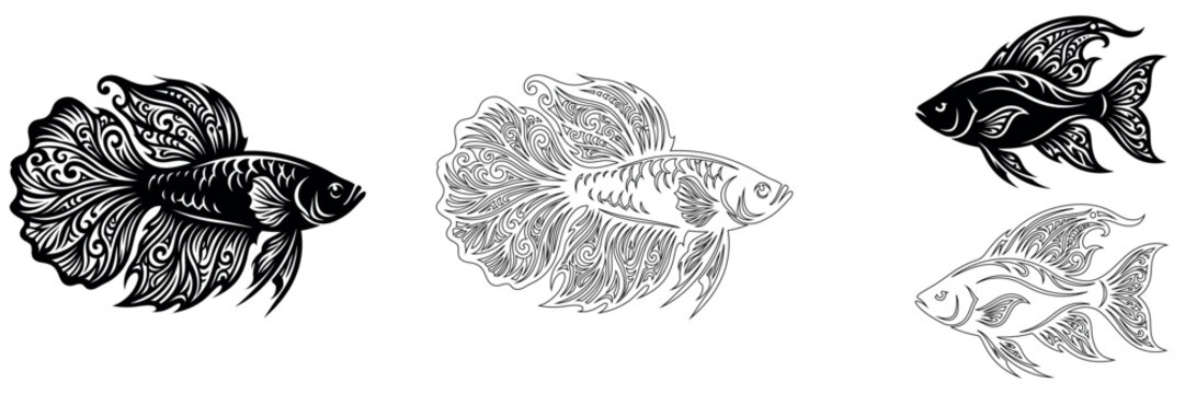 Intricate black and white betta fish illustrations