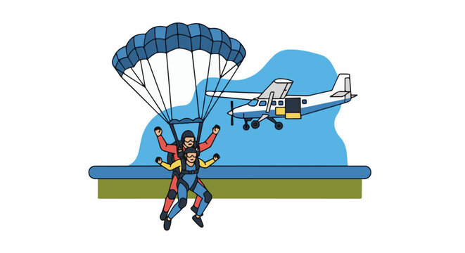 Tandem skydivers descend under a blue parachute with a plane in the background