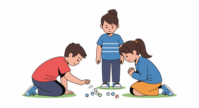 Three children playing marbles on the grass