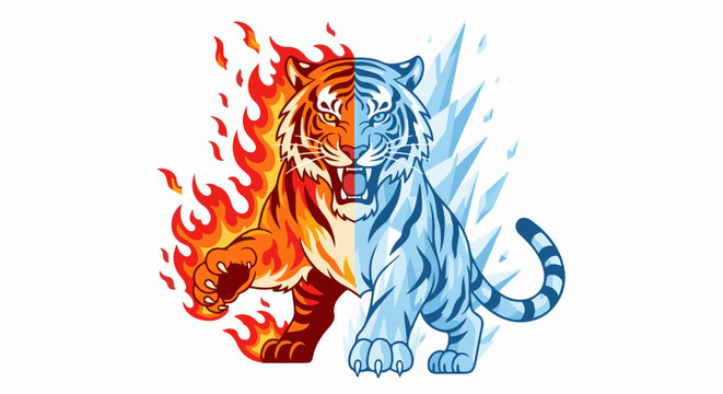 Tiger split into fiery and icy halves with sharp fangs bared