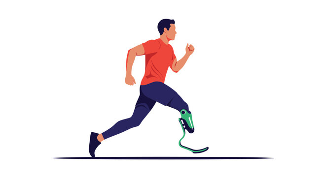 Determined male athlete with a prosthetic running leg sprinting on a white background in a minimalist and modern vector style.