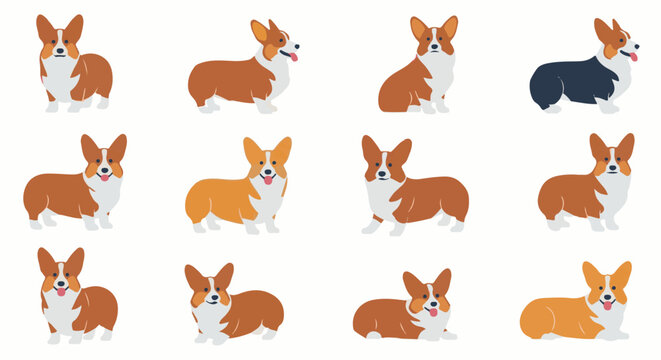 Twelve charming pixel art corgis in various poses on a white background