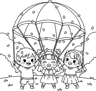 Three Happy Children Playing Under Large Parachute Toy.