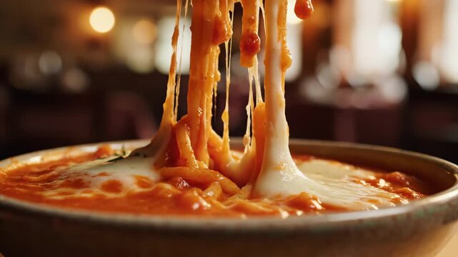 Hot pasta with melted cheese stretching from fork, rich tomato sauce, comfort food concept, delicious italian cuisine close up, creamy texture and gourmet meal presentation
