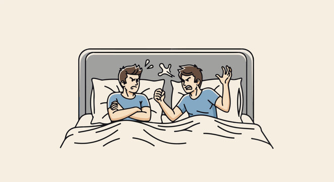 Two men in bed arguing and clearly upset