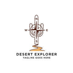 Unique adventure logo combining a desert cactus with a compass for hiking, camping, or travel gear brands. © village