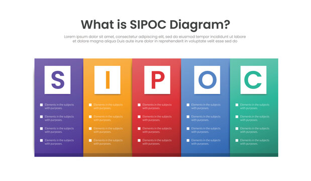 SIPOC diagram infographic template banner with vertical tall box with square box inside layering horizontal lined up for slide presentation