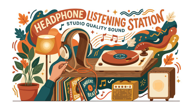 Headphones on a vinyl record player.