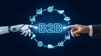 Obraz premium B2B business concept with robot and human hands, digital marketing icons and glowing text, artificial intelligence in corporate commerce