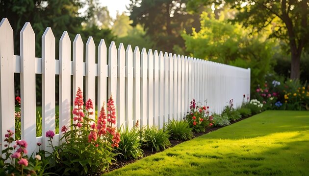 A white picket fence along a lush green lawn with vibrant flowers