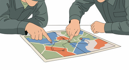 Fototapeta premium Two people analyze a map, pointing to different locations for planning