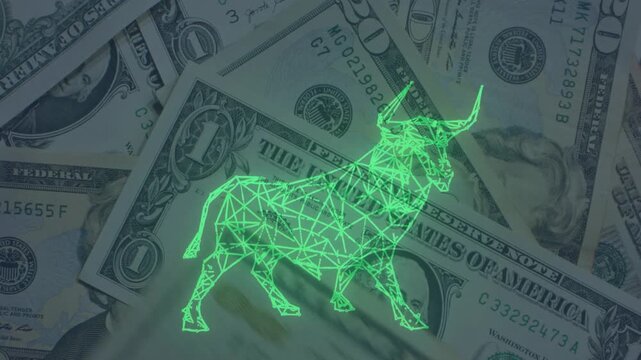 Glowing green wireframe bull superimposed over scattered US dollar bills, symbolizing a bullish stock market, financial growth, economic strength, and profitable investments in global finance.