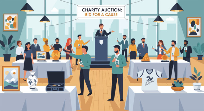 A charity auction event with people bidding on various items