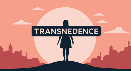 Transcendence concept, spiritual awakening, and personal growth with silhouetted figure against a sunset sky © Konco