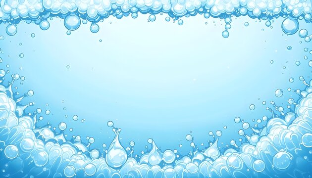 Bubble soap vector background with blue water foam and bath elements.