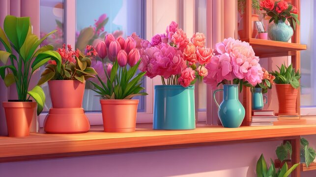 Numerous colorful potted plants and cut flowers adorn a bright sunlit windowsill display