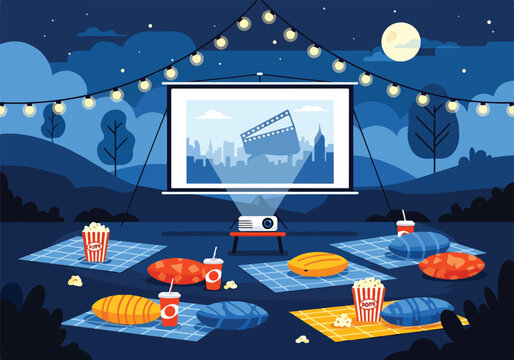 A serene outdoor movie night under the stars with snacks