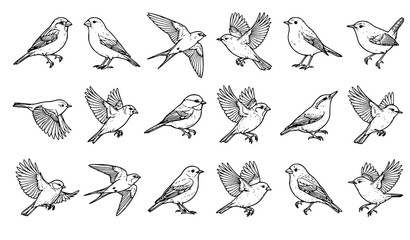 Realistic Bird Line Drawing Set with Flying Gliding and Perching Sketch Poses © MDNOYON