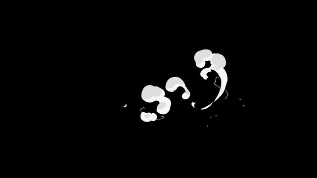 Cartoon flash smoke explosion FX, smoke puffs, and glowing trails, 2D animation element on black screen background, perfect for game combat effects and visual punch hits, animated elements composition