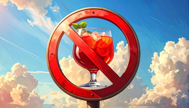A red circle with a drink crossed out, against a cloudy sky
