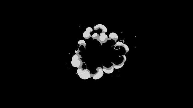 Cartoon flash smoke explosion FX, smoke puffs, and glowing trails, animated elements composition, hand-drawn 2d cartoon smoke fx elements including, 2D animation element on black screen background. 4k