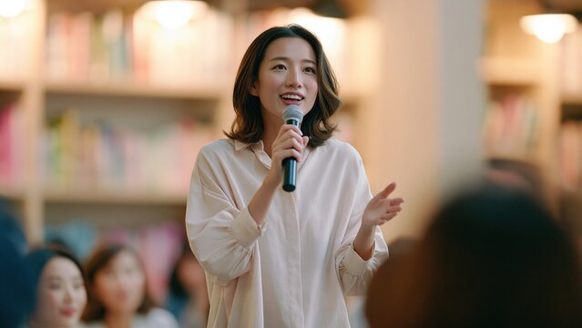 Smiling speaker giving presentation with microphone in modern office