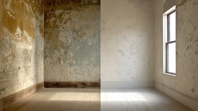 diptych. Diptych contrasting aged walls with fresh surfaces, illustrating transformation through natural light. real-estate listings.