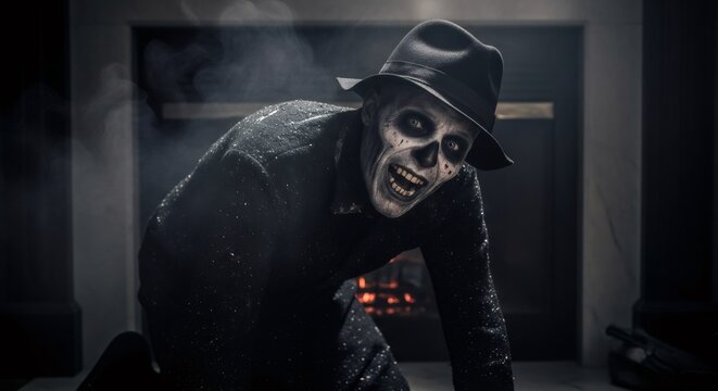 Man in scary skeleton makeup wearing hat crawling in dark room. Creepy monster or zombie for Halloween night party. Nightmare concept.